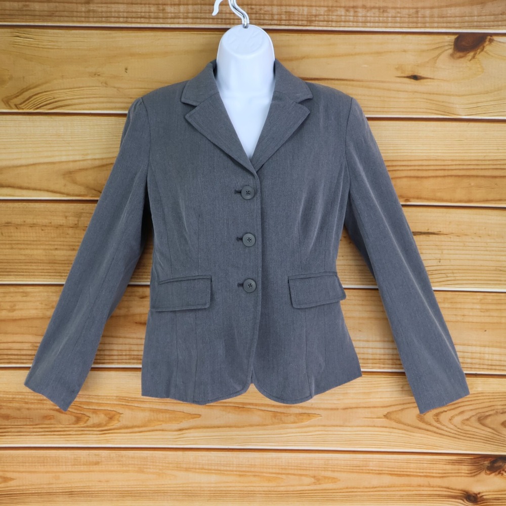 Worthington Blazer Jacket Womens 6 Gray‎ Heathered Shoulder Pads Lined 3 Buttons